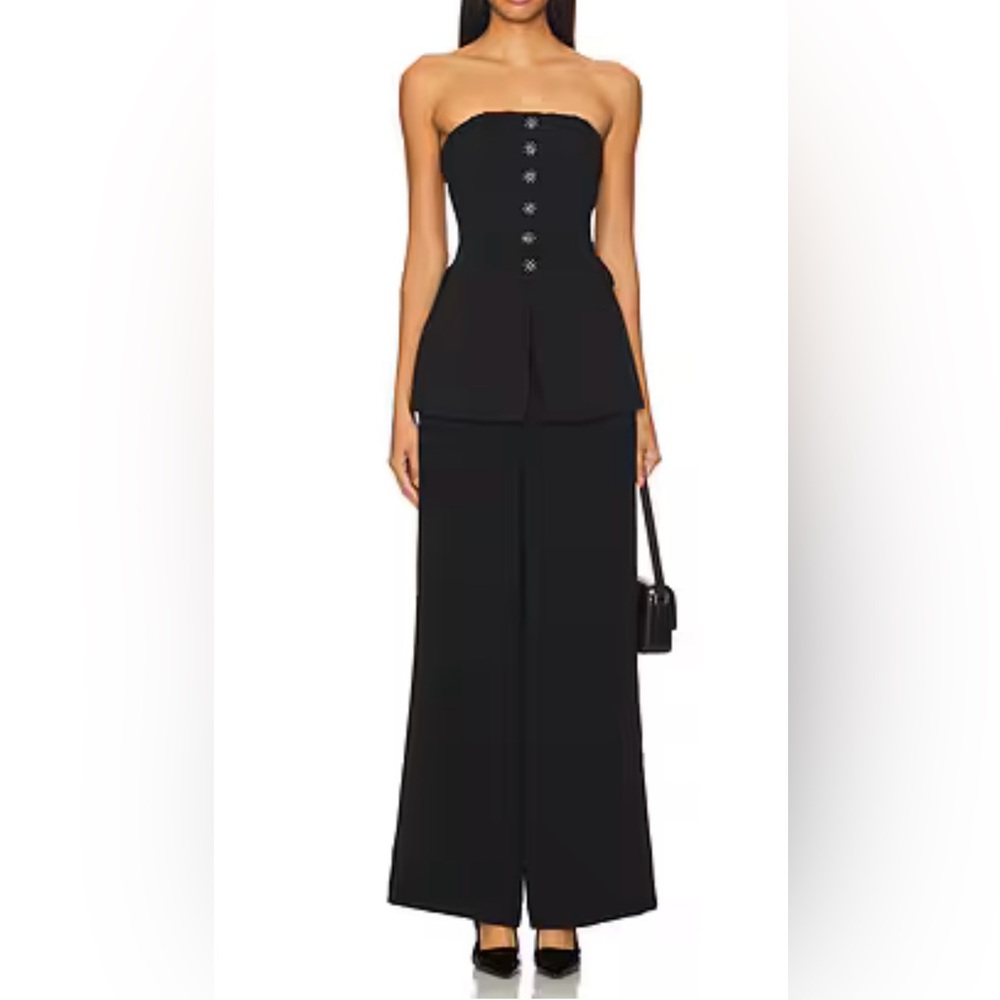 Self-Portrait Convertible Strapless Crystal Embellished Peplum Crepe Jumpsuit 12